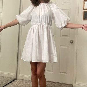 White flounce puff sleeve babydoll mini dress